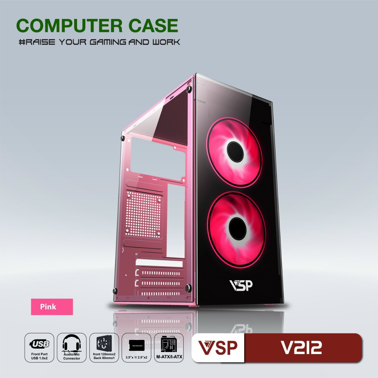 Case VSP V212 Hồng (Kèm 2 Fan Led)